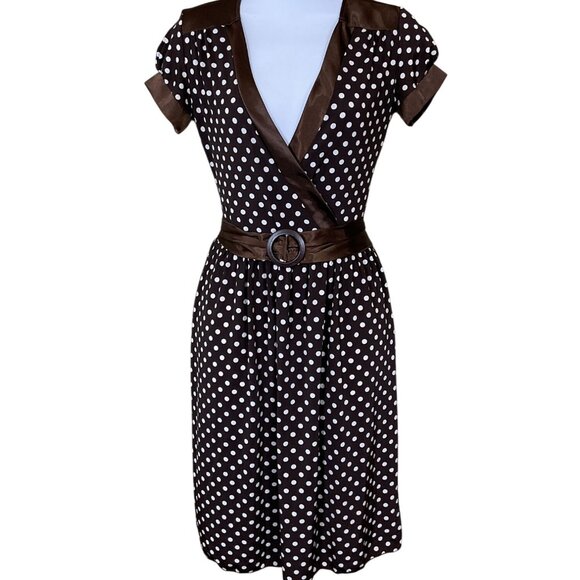 BolBou Short Puff Sleeve Faux Wrap V-Neck VTG Brown Polka Dot Midi Dress Sm - Picture 1 of 6